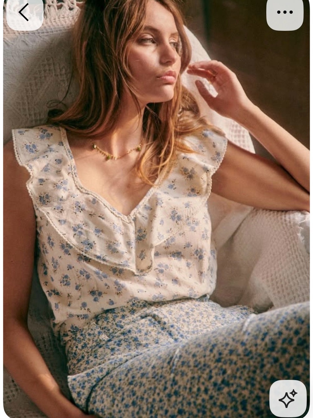 Sezane Gold Top Blue Floral 100% Cotton